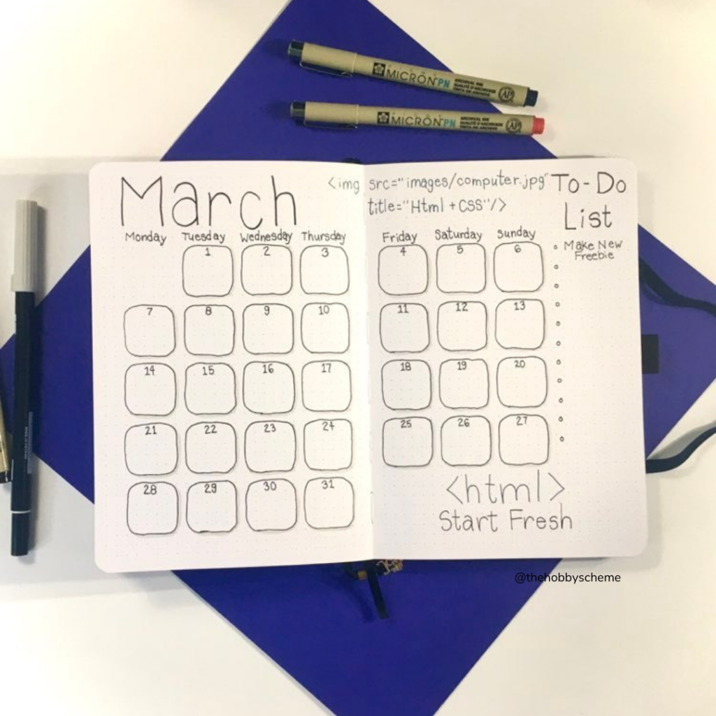 March bujo theme setup calendar spread