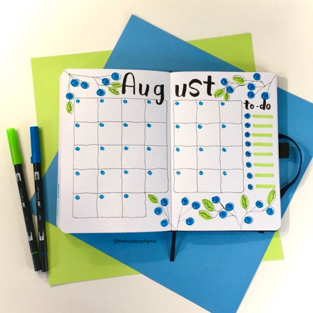 August bujo blueberry theme calendar spread